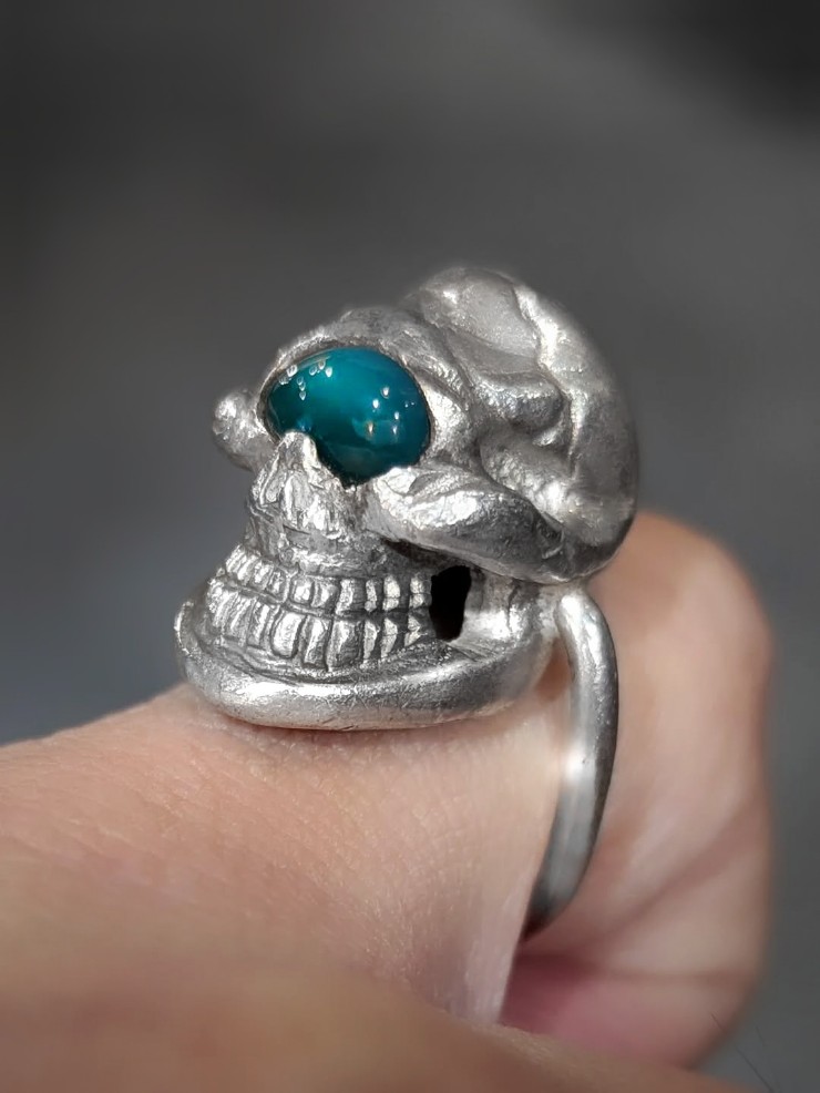 Skull Pinky Ring with Green Agate eye Custom | 8UP