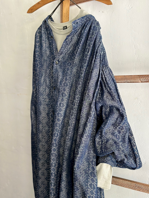 完売＊ICHI Antiquites AZTECA JACQUARD INDIGO LINEN ロングシャツ ...