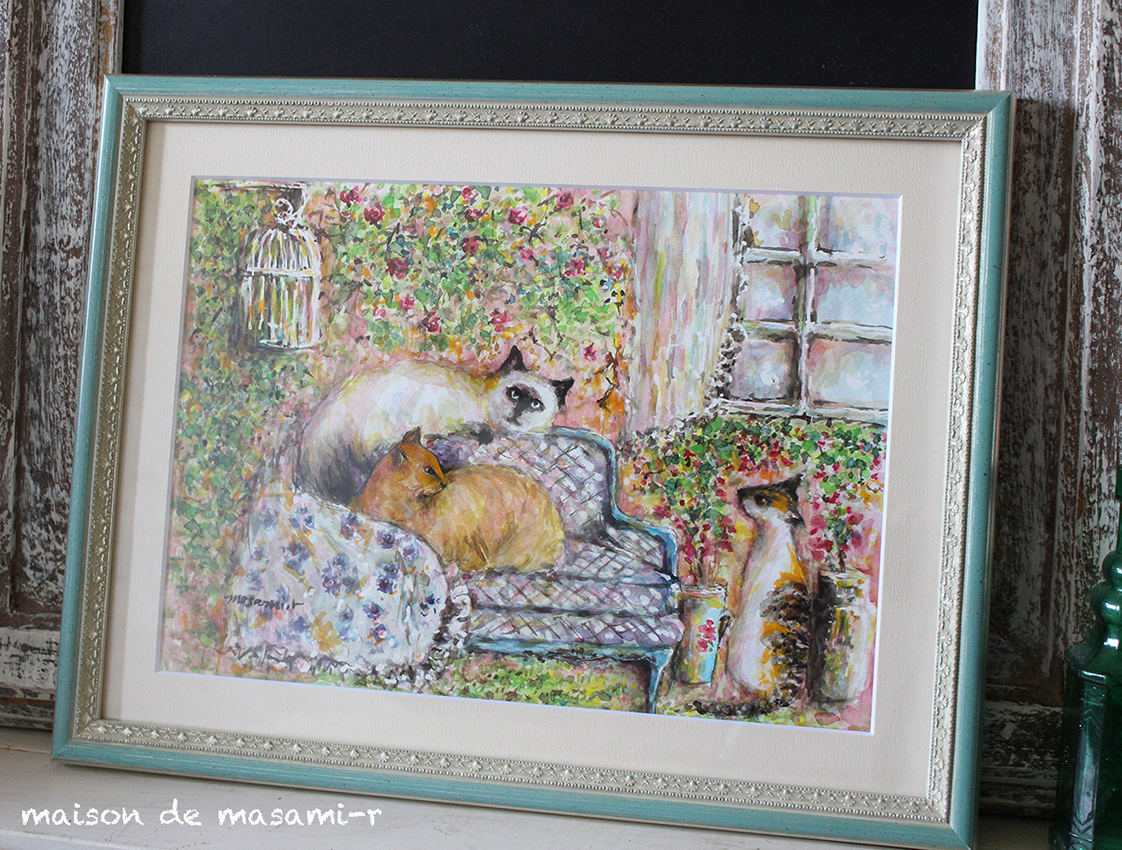 「プードルホワイトとキッチン フレンチカントリー」水彩画 原画B5相当 French country ホワイトプードル」水彩画 25.8cm×18.2cm 原画 額なし
