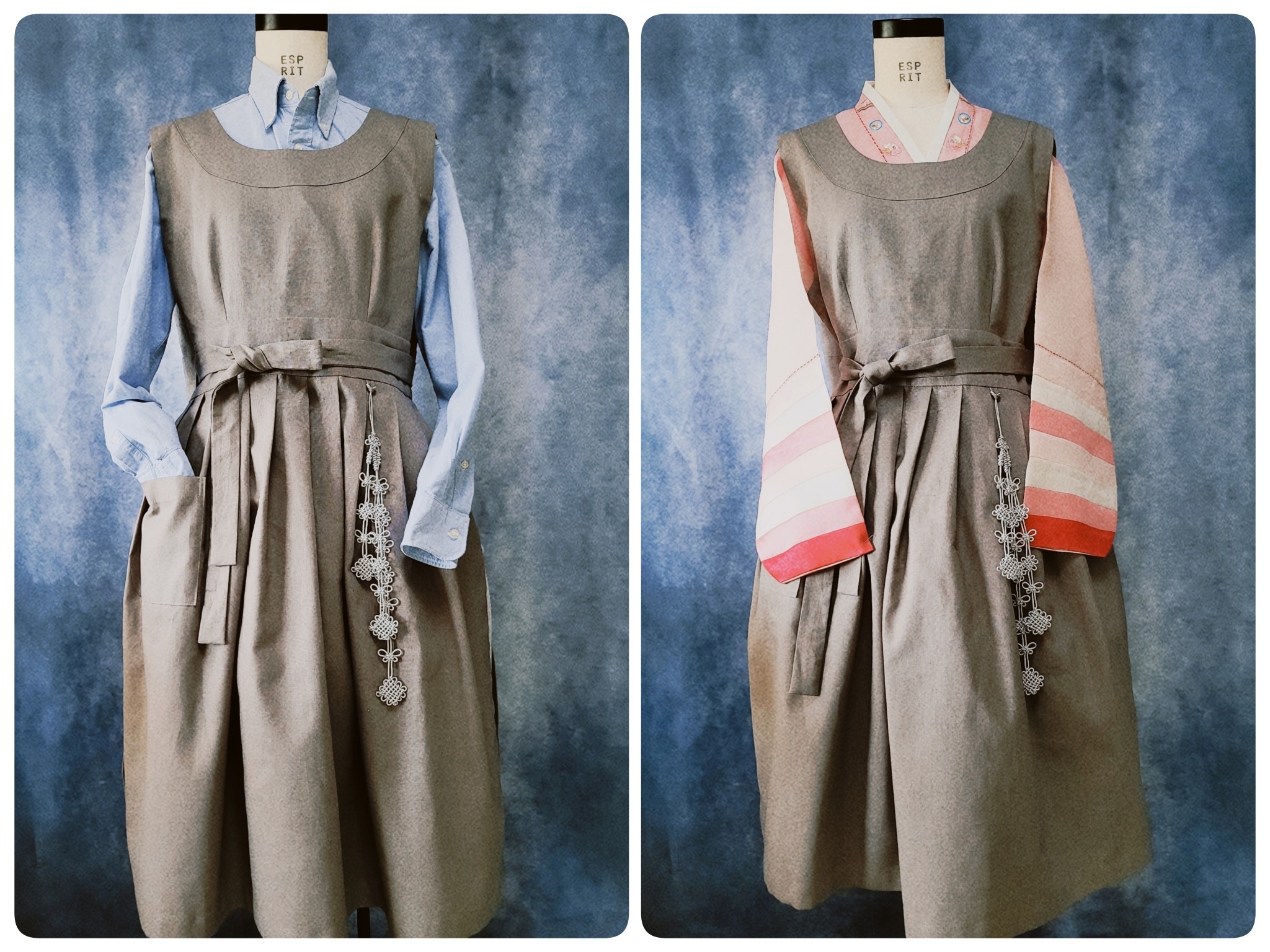 チャングム スラッカン エプロン スモークグレイ色 ハーフリネン