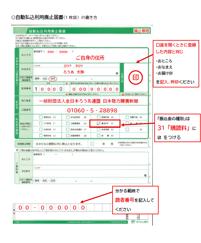 日本聴力障害新聞※ゆうちょ銀行口座から自動引き落とし | ○日聴紙