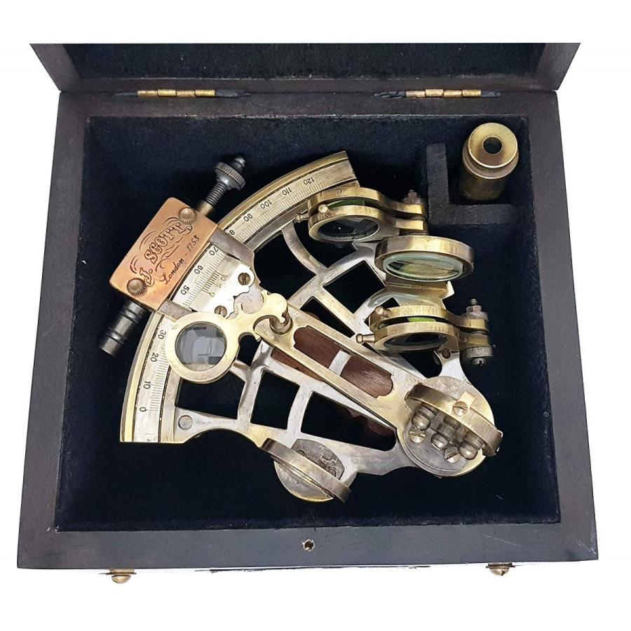 ブラス製 5インチ 六分儀 アンティーク仕上げ 木製ケース付き sextant