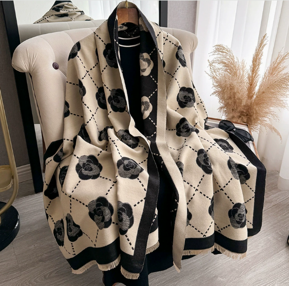 カシミアタッチ格子大人カメリア柄大判ストール - MsRibbon