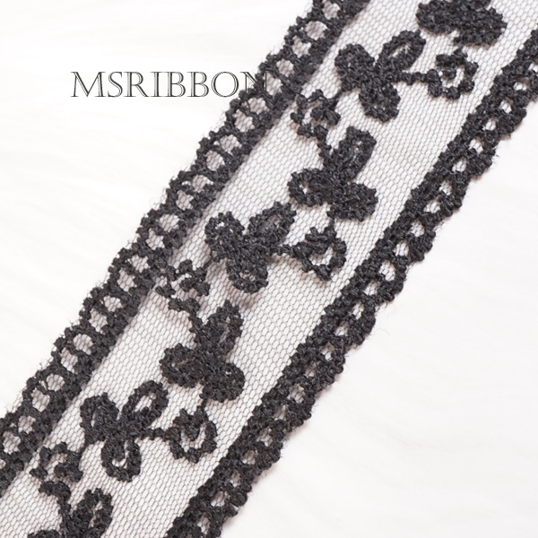 ブラック刺繍レース×オーガンジーリボン 3.7cｍ/90cm | MsRibbon