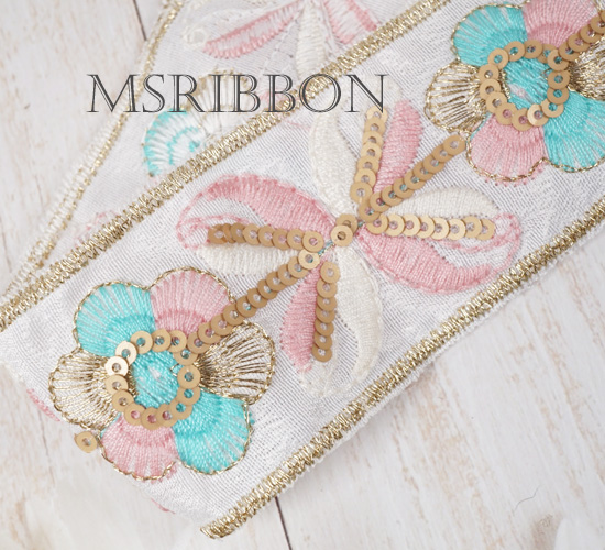 インド刺繍リボン(フラワーピンク×ライトブルー) 4cｍ/45cm | MsRibbon
