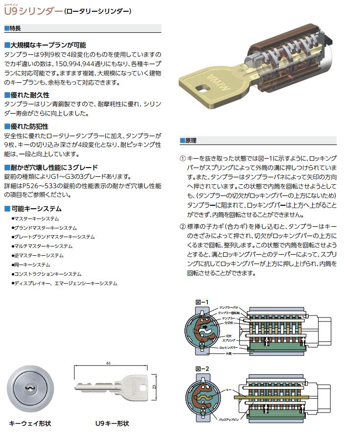 美和ロック U9(G3)HPLー40 シリンダー DT33～36 仕上 ST KEY3