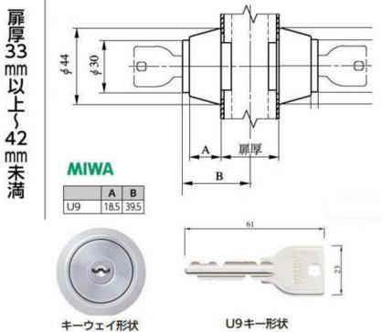 美和ロック U9DAー4 本締錠 BS51mm DT33～41mm 仕上 ST KEY3