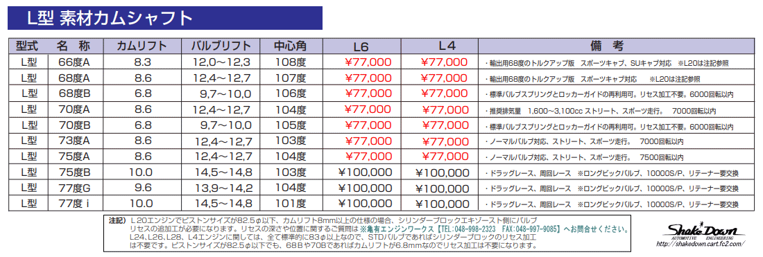 L型6気筒 77度 i カムシャフト5点セット | Shake☆Down FC2ネットショップ