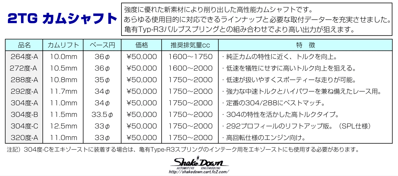 2TG ハイリフトカムシャフト | Shake☆Down FC2ネットショップ