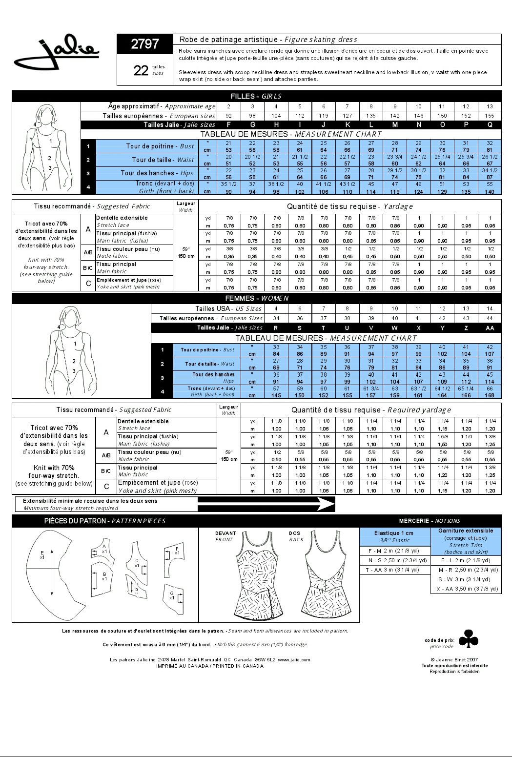 フィギュアスケート用ドレス型紙 Jalie #2797 | フィギュアスケート