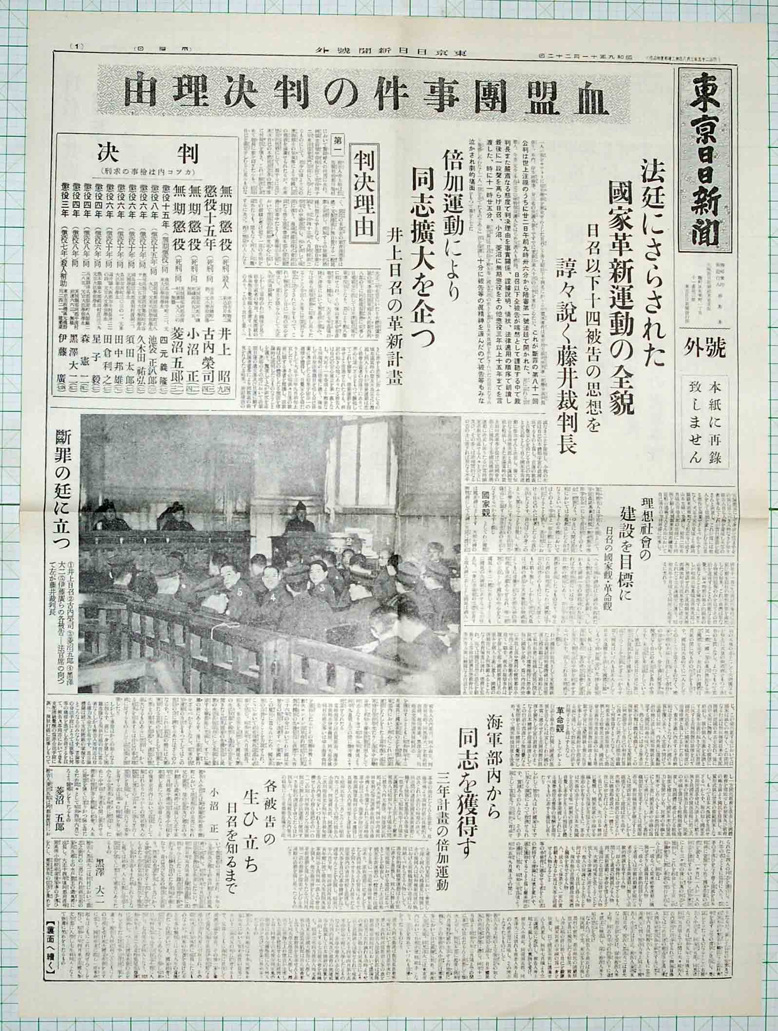 昭和9年11月22日東京日日新聞号外 原寸複製 血盟団事件判決 - 染屋軍装社（購入手続きページ）