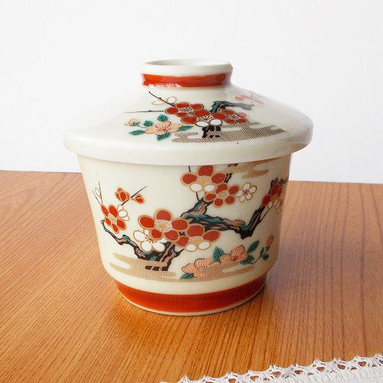 赤ラインアイボリー紅白梅花枝図レトロ茶碗蒸し器 - たんぽぽ|昭和