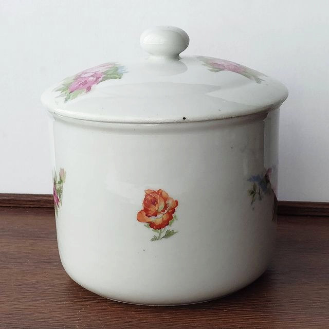 古い時代の陶器製の蓋付きカメ壷/甕/統制陶器/ピンクバラの花柄