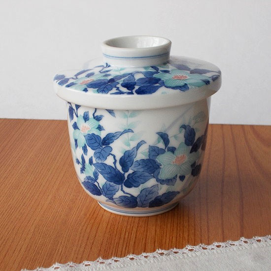 藍水色山茶花有田焼きレトロ茶碗蒸し器 - たんぽぽ|昭和レトロ食器