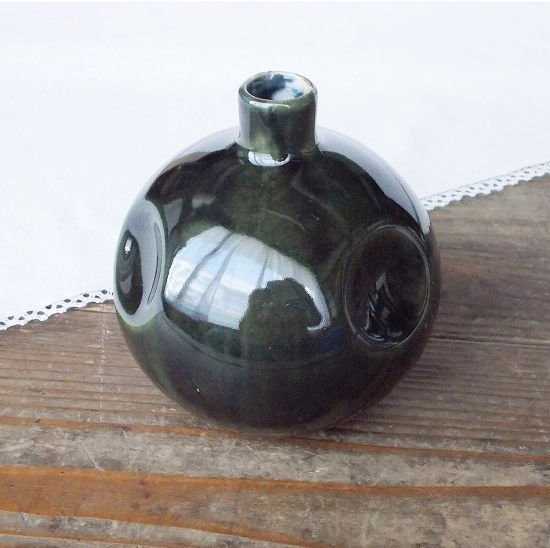 幾何学模様のダークグリーン茶色陶器花瓶 昭和レトロ アンティーク 美しい古美術陶器花瓶 ダークブラウン 【公式通販】