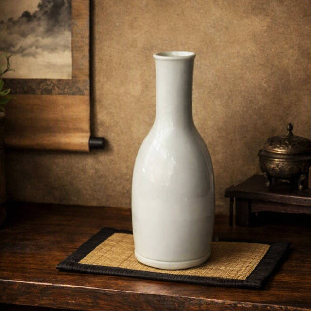 古い時代のアンティークな白い陶器のレトロな徳利(首長型) - たんぽぽ