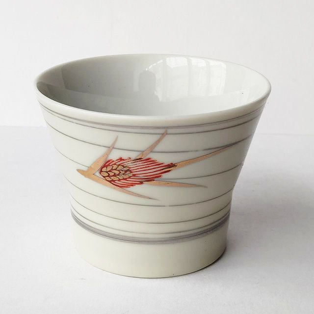 金ボーダーライン赤＆金の麦穂柄のレトロな茶碗蒸し器(蓋無し