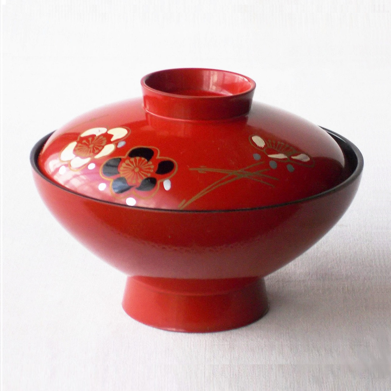 昭和の漆器【2輪梅花と松葉柄内黒】お吸物椀 sk-11 - たんぽぽ|昭和
