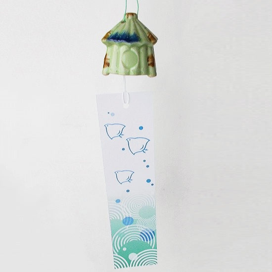 古い時代のアンティークな可愛い陶器の風鈴【東屋】グリーン