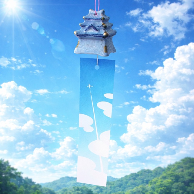 古い時代のアンティークな可愛い陶器の風鈴【お城】ブルー - たんぽぽ