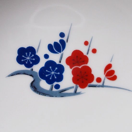 昭和レトロ食器/レトロなてっぱち赤青梅の花柄金フチ鉄鉢平鉢