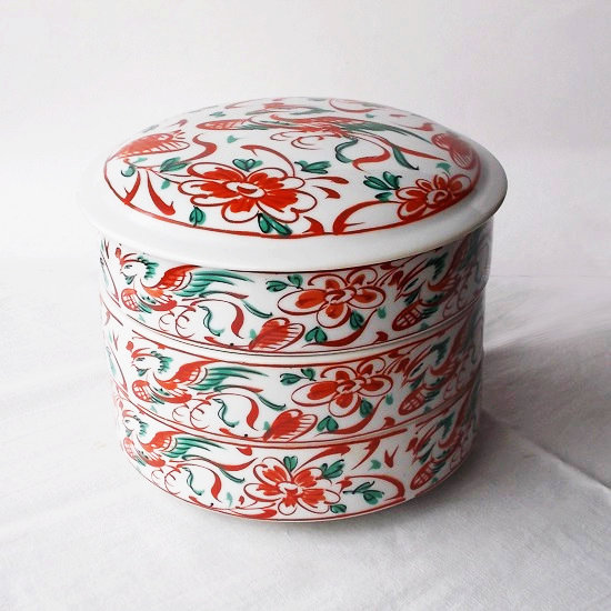 花鳥模様の陶器製小箱　食鉢　寿峰作　木箱付き　昭和 昭和レトロ食器/赤絵花鳥柄円形陶器製三段お重箱 - たんぽぽ|昭和