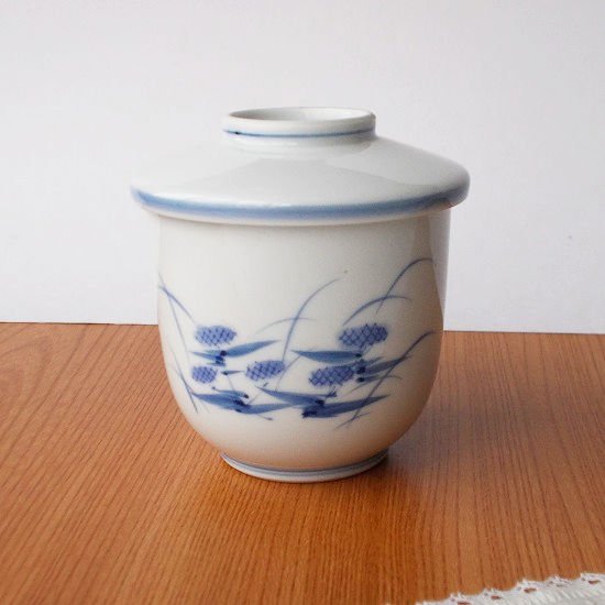 有田焼き白磁染付茅菊花レトロ茶碗蒸し器 - たんぽぽ|昭和レトロ食器