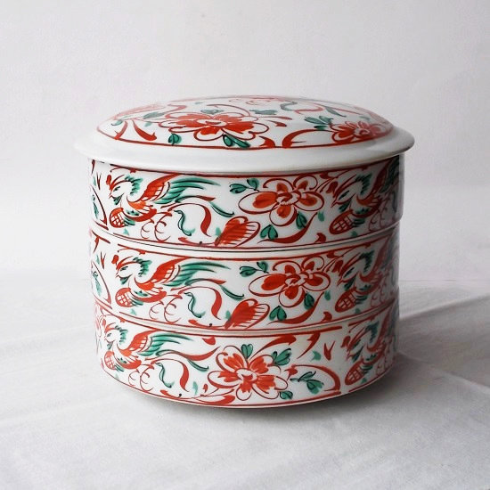 昭和レトロ食器/赤絵花鳥柄円形陶器製三段お重箱 - たんぽぽ|昭和