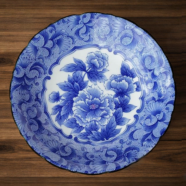 絵皿　牡丹　庭風景　骨董品　年代物　変型　29cm アンティークな雰囲気☆瑠璃色牡丹の花柄とフチ模様がとても豪華な深み