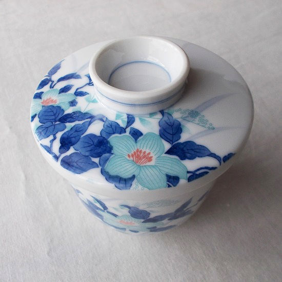 藍水色山茶花有田焼きレトロ茶碗蒸し器 - たんぽぽ|昭和レトロ食器