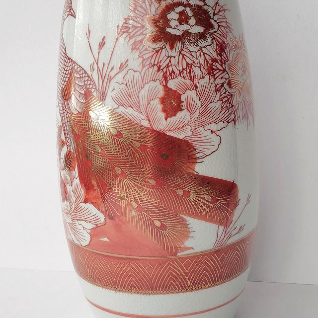 九谷焼き/赤絵風貫入孔雀雷紋牡丹花図柄円筒型花瓶☆インテリアに(口が