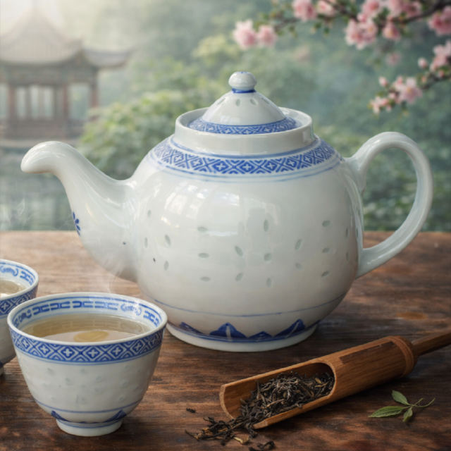 ホタル焼き染付藍色模様茶器/ティーポット【丸形】景徳鎮/中国製MADE