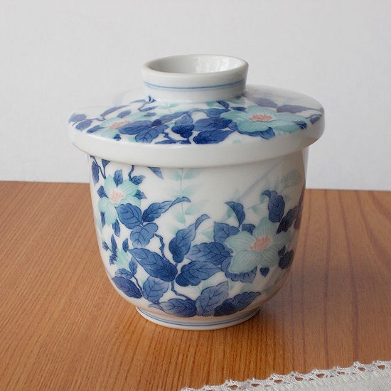 藍水色山茶花有田焼きレトロ茶碗蒸し器 - たんぽぽ|昭和レトロ食器