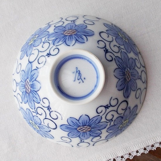 水色黄色からくさ花模様レトロ中平お茶碗 - たんぽぽ|昭和レトロ食器
