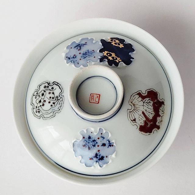 希少　カラフルで華やかで大きな陶器製の蓋付きの壺 蓋ファン】美しい元蓋付きお茶碗の蓋のみ/肥前焼間取り紋花柄【蓋だけ