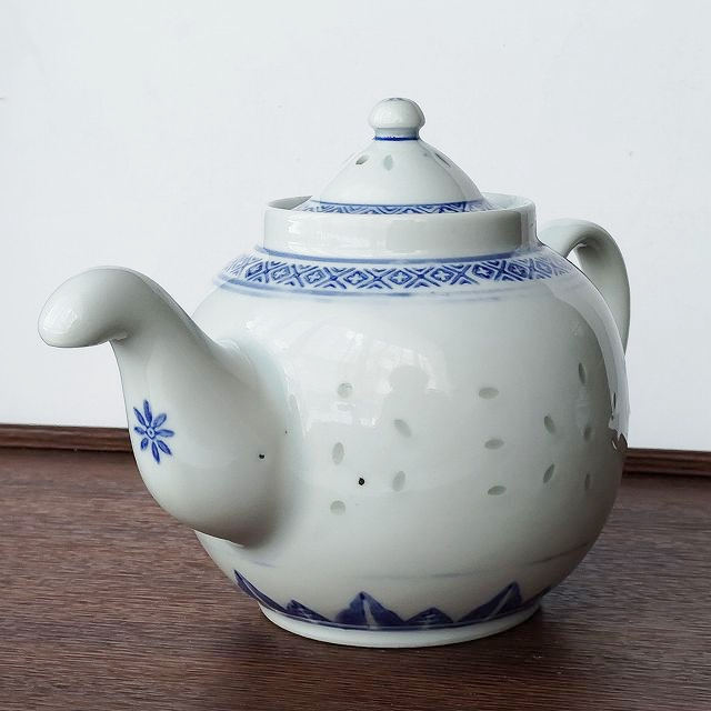ホタル焼き染付藍色模様茶器/ティーポット【丸形】景徳鎮/中国製MADE