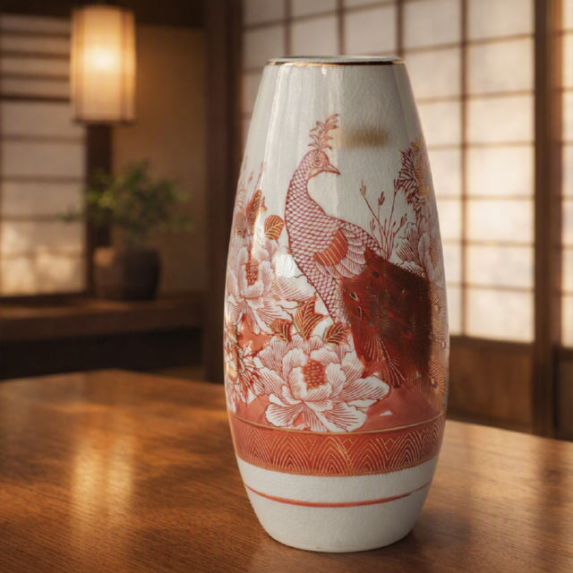 九谷焼き/赤絵風貫入孔雀雷紋牡丹花図柄円筒型花瓶☆インテリアに(口が