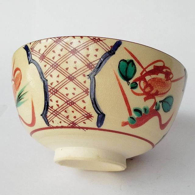 赤絵間取格子草花紋の抹茶茶碗/昭和平成レトロ茶道具① - たんぽぽ