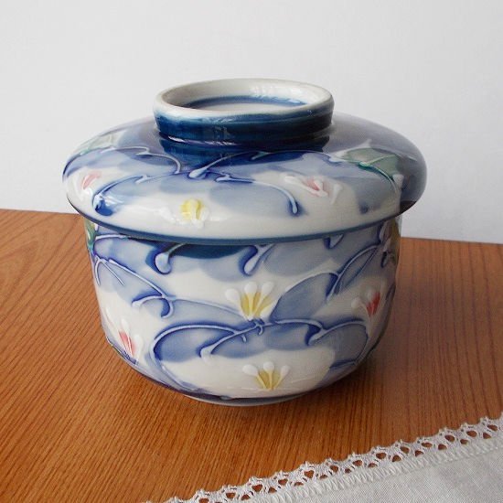 藍色白一珍黄桃花柄のレトロ茶碗蒸し器(大) - たんぽぽ|昭和レトロ食器