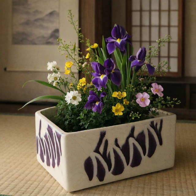 古い時代の紫模様の長四角型の水盤/花器/花生け - たんぽぽ|昭和レトロ