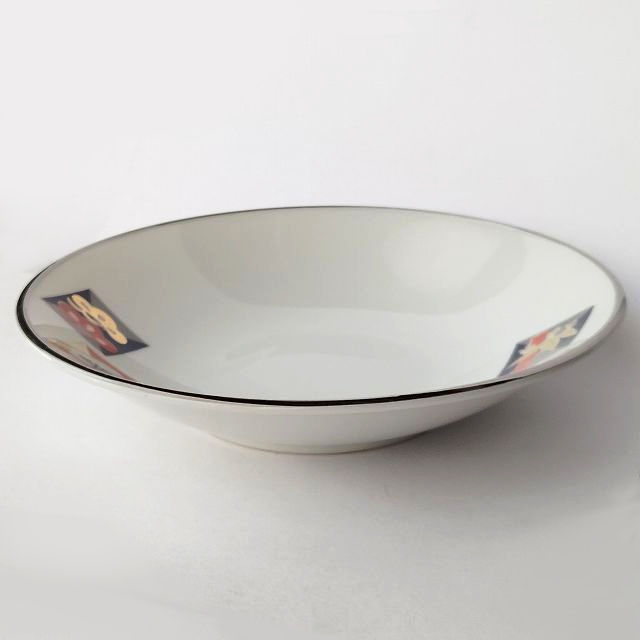 フチ銀金青赤の松竹梅の四角模様のレトロな深皿/平鉢φ20.5cm