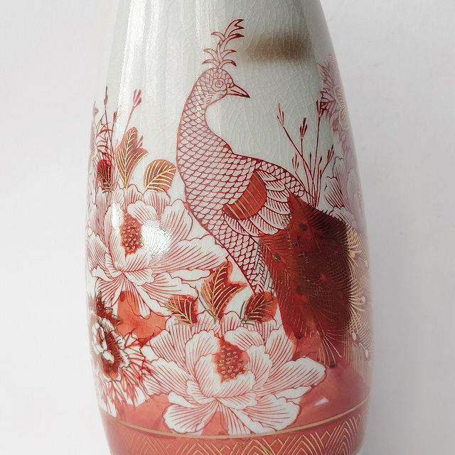九谷焼き/赤絵風貫入孔雀雷紋牡丹花図柄円筒型花瓶☆インテリアに(口が