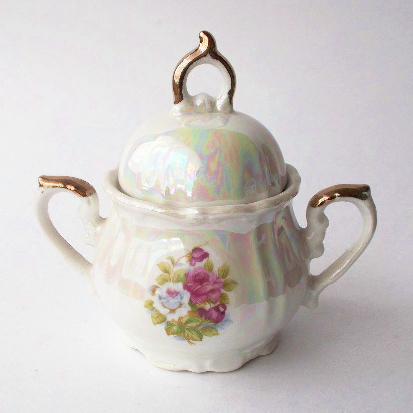 輝くラスター彩が美しい赤白薔薇柄のシュガーポット - たんぽぽ | 昭和