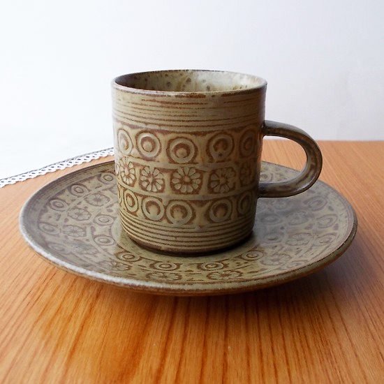 食器　置物　骨董品　まとめ　30品以上　コーヒーカップ 花三島柄伊羅保のシックな雰囲気切立コーヒーカップ＆ソーサー