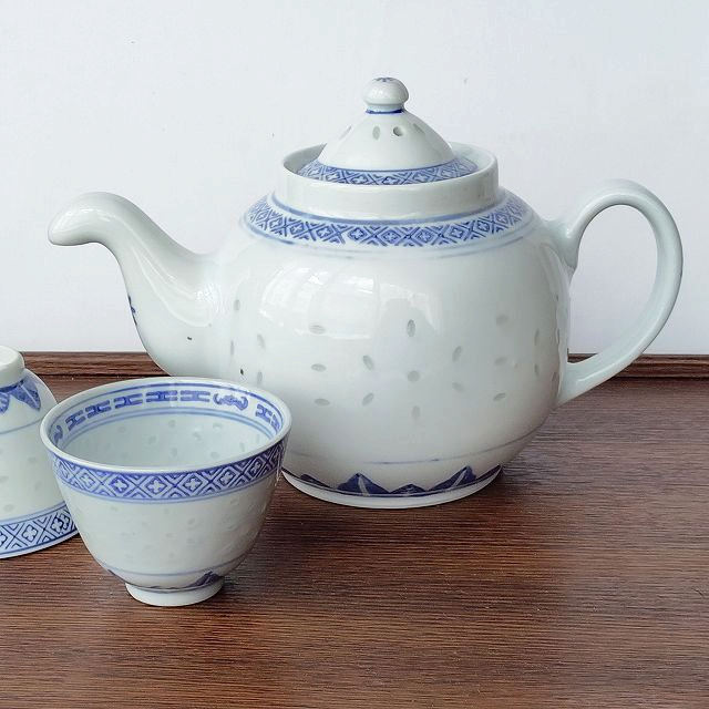 ホタル焼き染付藍色模様茶器/ティーポット【丸形】景徳鎮/中国製MADE