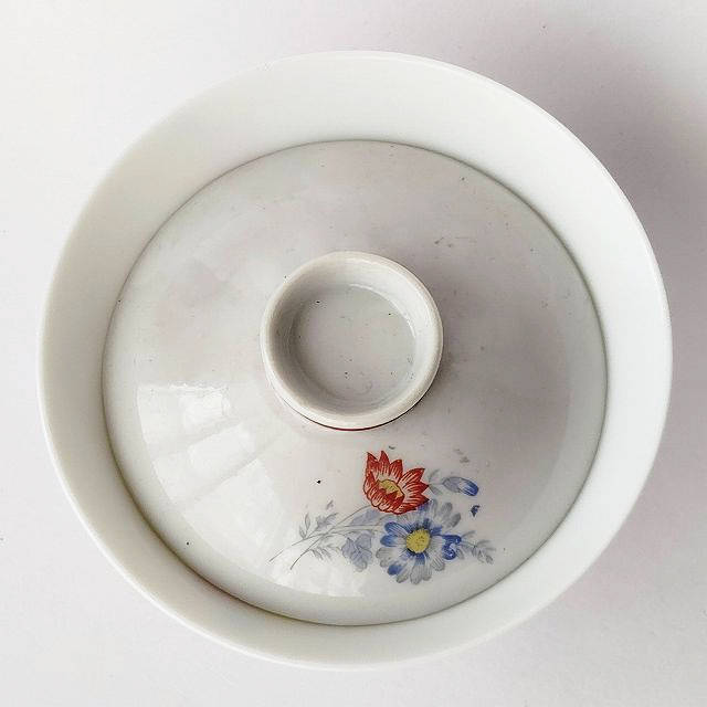 蓋ファン】美しい元蓋付きお茶碗の蓋のみ/青と赤のお花柄統制陶器【蓋