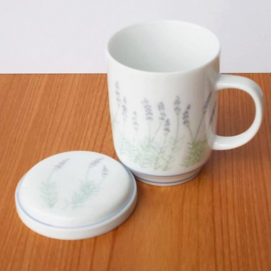 優しいラベンダー花柄の蓋付きマグカップ - たんぽぽ|昭和レトロ食器