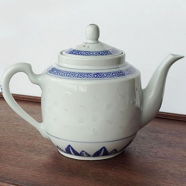 ホタル焼き染付藍色模様茶器/ティーポット【角形】景徳鎮/中国製MADE