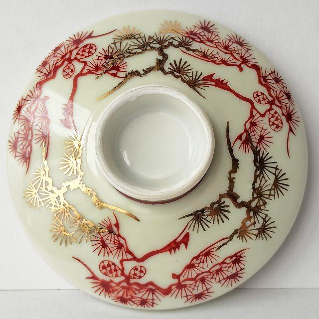 蓋ファン】茶碗蒸し器の蓋のみ/アイボリー赤金松の木柄/欠け有り