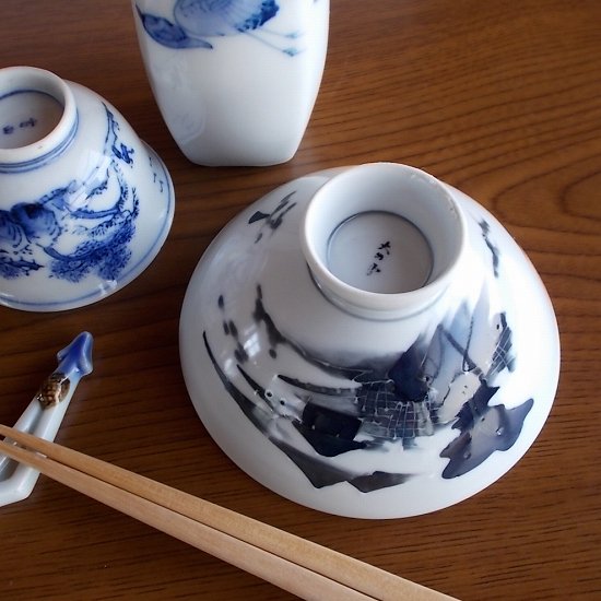墨絵染付一珍山水柄アンティークお茶碗【有田焼】 - たんぽぽ|昭和